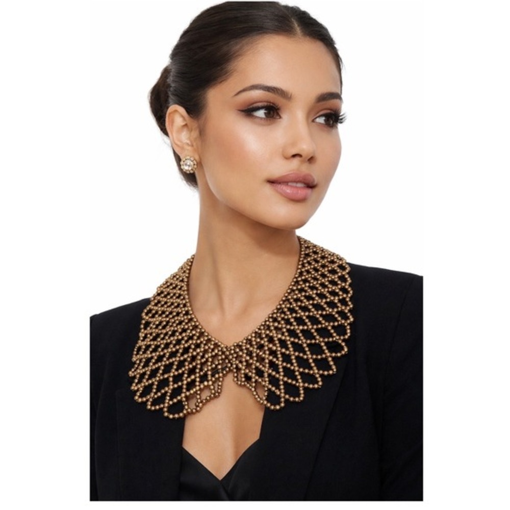 Bronze Faux Pearl Beaded Peter Pan Collar Necklace Bib Lattice Design Chic J-01‎